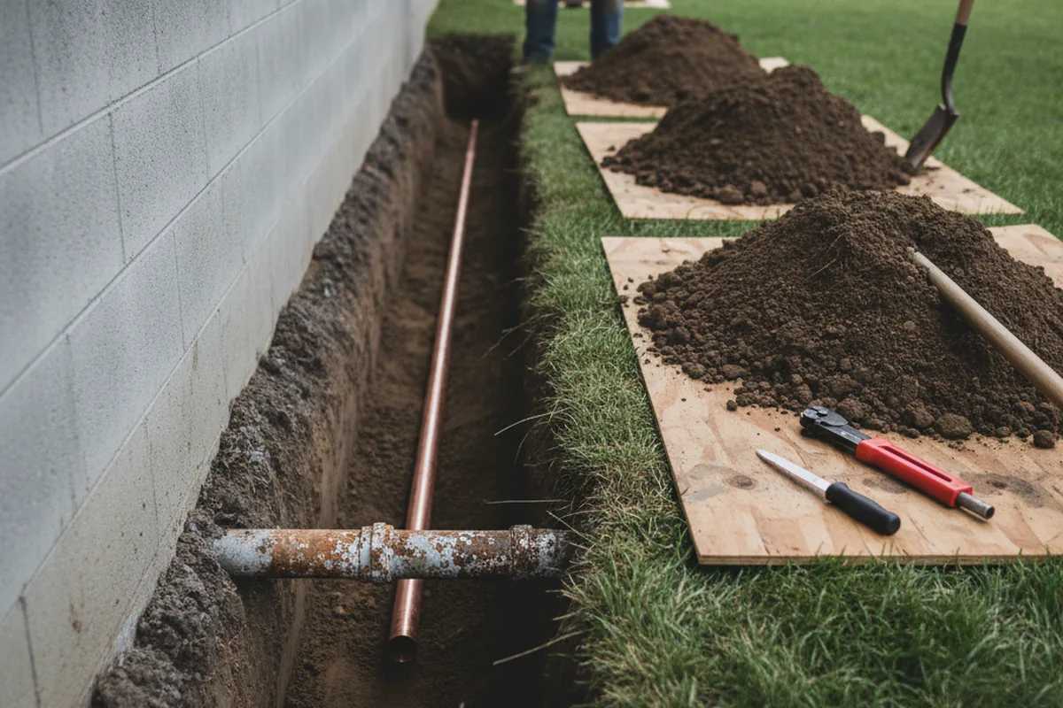 Excavated water line trench during Water Softener Installation in Loyalhanna